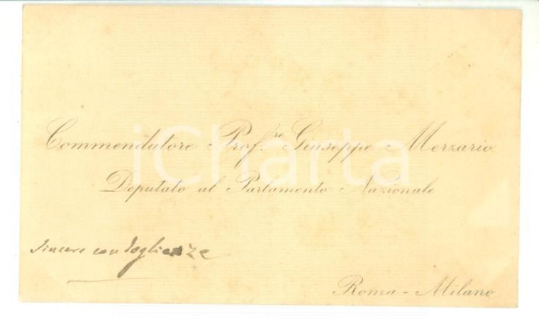 1890 ca Condoglianze deputato Giuseppe MERZARIO - Biglietto da visita AUTOGRAFO