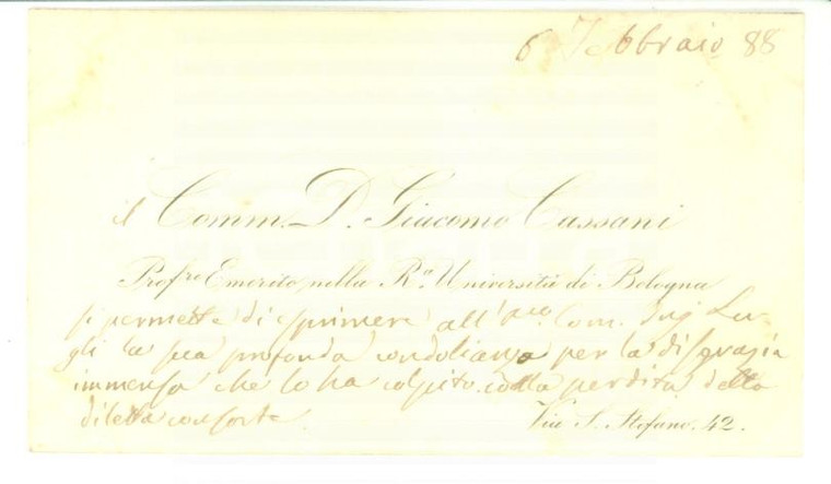 1888 BOLOGNA Condoglianze prof. Giacomo CASSANI - Biglietto da visita autografo