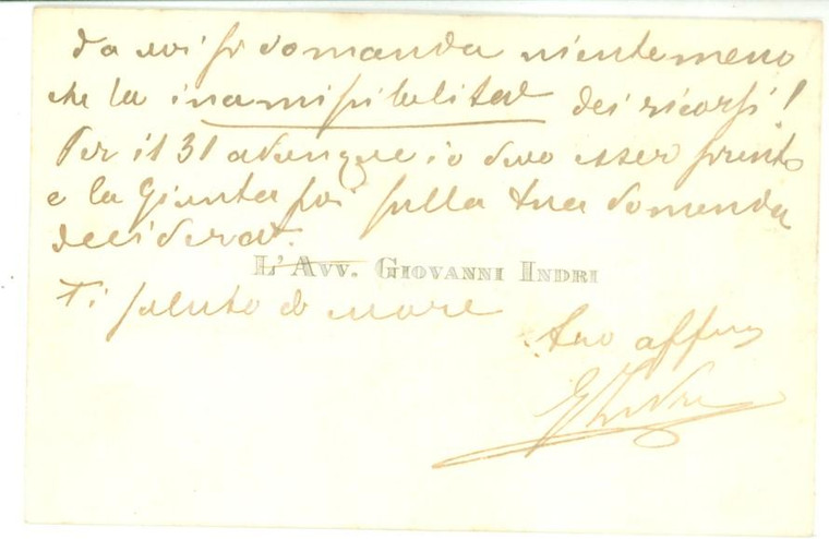 1905 PADOVA Biglietto da visita dell'avvocato Giovanni INDRI - Autografo