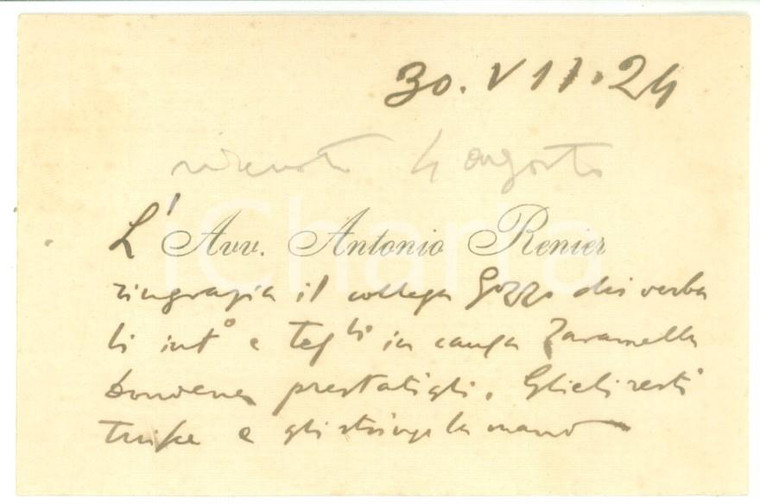1924 PADOVA Biglietto di ringraziamento dell'avv. Antonio RENIER - Autografo