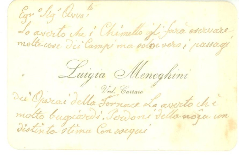 1900 ca s. l. Biglietto da visita di Luigia MENEGHINI vedova CARRARO - Autografo