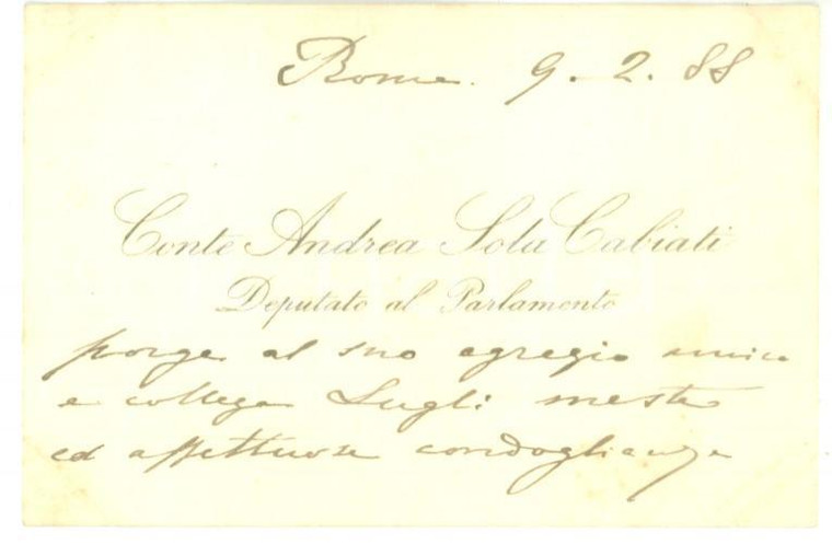 1888 ROMA Biglietto da visita deputato Andrea SOLA CABIATI - Autografo