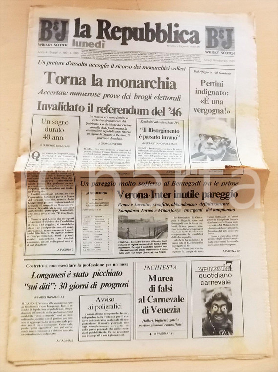 1985 LA REPUBBLICA Invalidato referendum del '46 - Torna la monarchia - Giornale