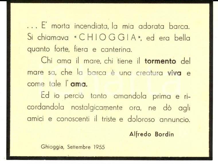 1955 CHIOGGIA Alfredo BORDIN - Biglietto lutto per barca CHIOGGIA - GOLIARDICO