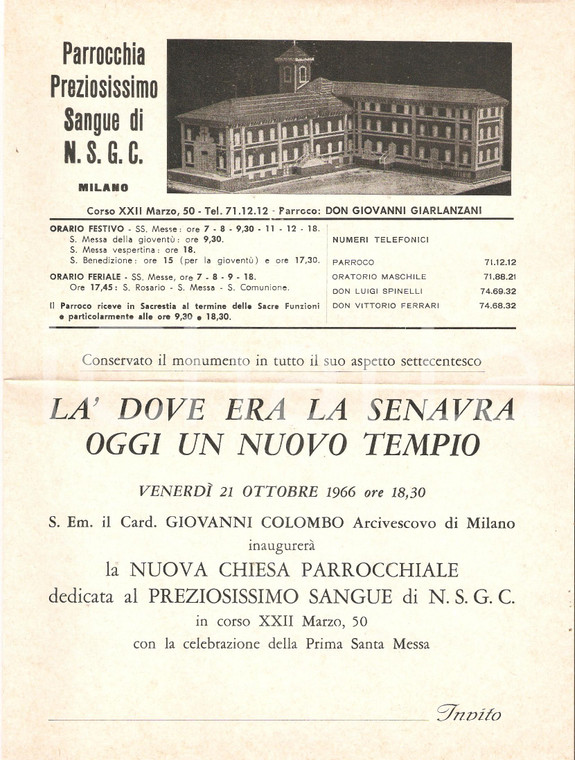 1966 MILANO Inaugurazione nuova Chiesa del preziosissimo cuore di Gesù *Invito