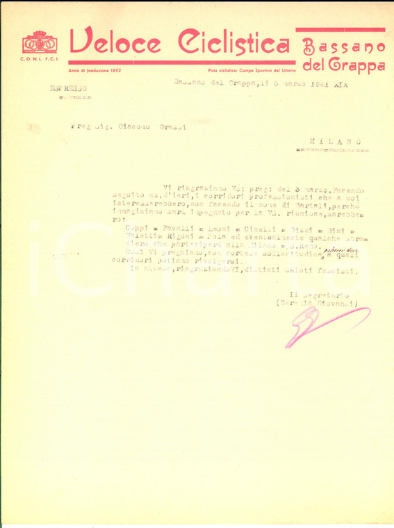1941 CICLISMO BASSANO DEL GRAPPA - Veloce Ciclistica - Lettera Giovanni GEREMIA