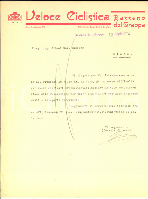 1941 CICLISMO BASSANO DEL GRAPPA - Veloce Ciclistica *Lettera Giovanni GEREMIA