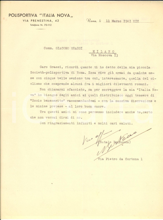 1941 CICLISMO ROMA Polisportiva ITALIA NOVA - Lettera Natale BERTOCCO *Autografo