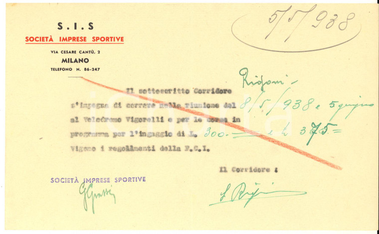 1938 CICLISMO MILANO Velodromo VIGORELLI - Ingaggio Severino RIGONI - Autografo