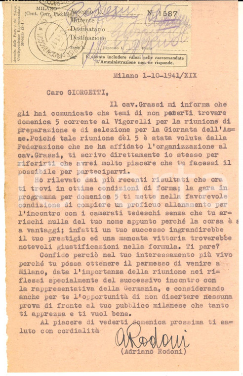1941 CICLISMO MILANO Lettera Adriano RODONI al ciclista GIORGETTI - AUTOGRAFO