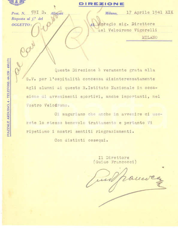 1941 MILANO Istituto Sordomuti - Lettera Guido FRANCOCCI pro alunni *AUTOGRAFO