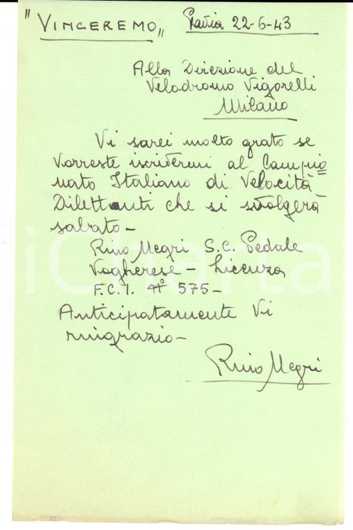 1943 CICLISMO PAVIA Lettera Rino NEGRI per gara - "Vinceremo" - AUTOGRAFO