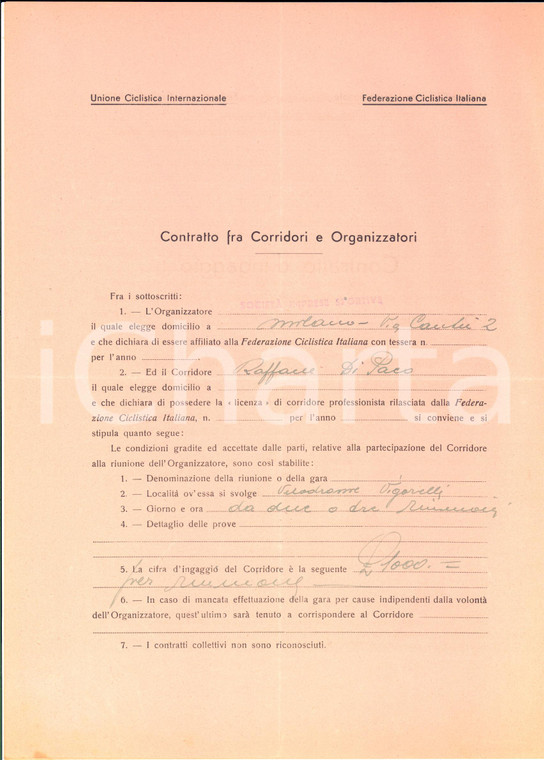 1938 (?) CICLISMO MILANO VIGORELLI - Ingaggio Raffaele DI PACO - Autografo