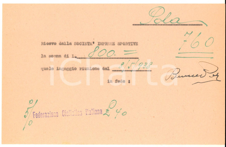 1938 CICLISMO MILANO VIGORELLI - Ricevuta ingaggio Benedetto POLA - Autografo