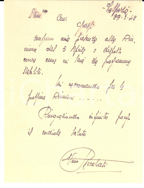 1942 CICLISMO LA SPEZIA Lettera Nino RECALCATI per conferma gara - Autografo