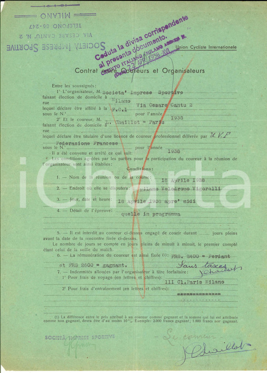 1938 CICLISMO MILANO VIGORELLI Contratto ingaggio Louis CHAILLOT - Autografo