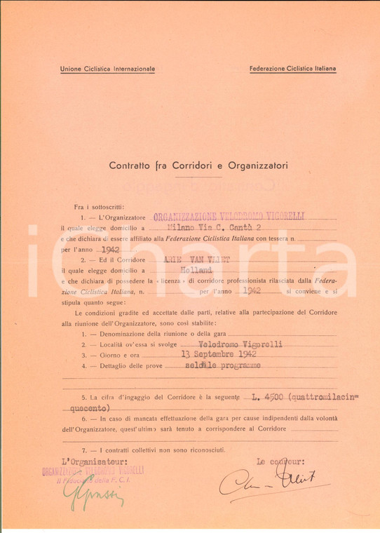 1942 CICLISMO MILANO VIGORELLI Contratto ingaggio Arie VAN VLIET - Autografo