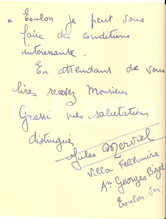 1940 ca CICLISMO TOULON Lettera Jules MERVIEL per gara in Italia - AUTOGRAFO