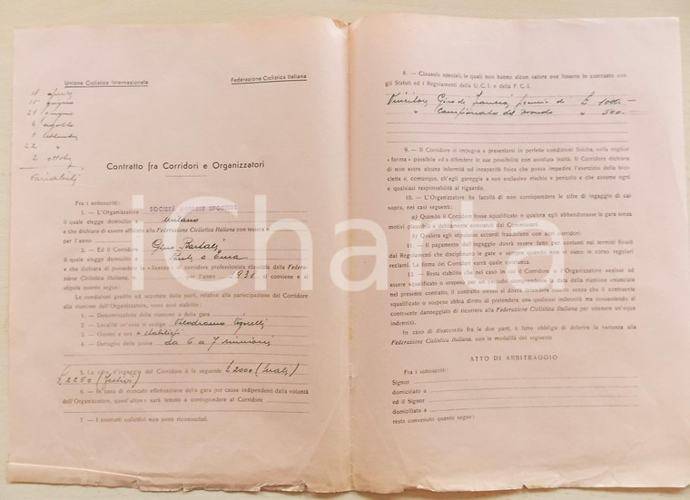 1938 CICLISMO MILANO VIGORELLI - Contratto ingaggio Gino BARTALI - Autografo