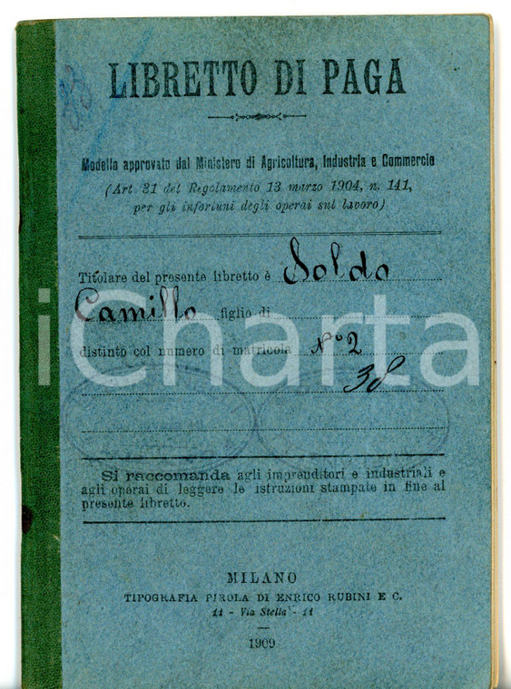 1915 MILANO Libretto paga Camillo SOLDO - Ditte E. TUFFANELLI - A. ZENERE