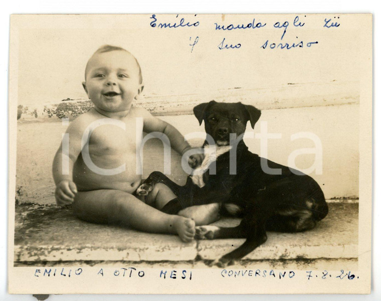 1926 CONVERSANO Bambino di pochi mesi accarezza un cane *Fotocartolina FP NV