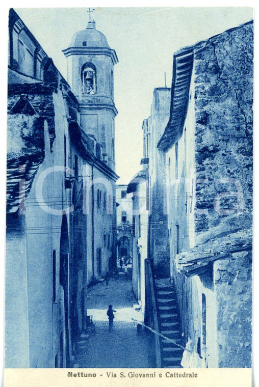 1940 ca NETTUNO (RM) Scorcio di via San Giovanni e cattedrale *Cartolina ANIMATA