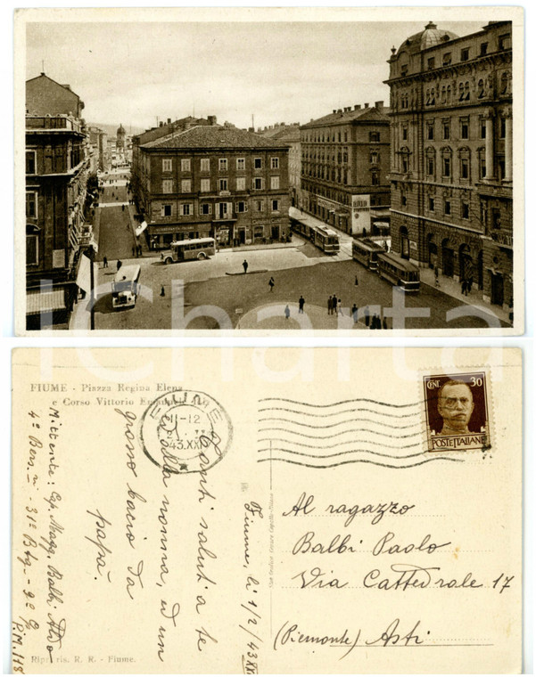 1943 FIUME Tram al passaggio in piazza Regina Elena - Cartolina Aldo BALBI FP VG