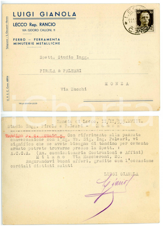 1939 LECCO - RANCIO Ferramenta Luigi GIANOLA *Cartolina commerciale intestata FG