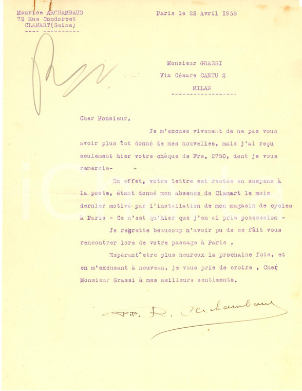 1938 CICLISMO PARIS Lettera Maurice ARCHAMBAUD a Giacomo GRASSI - Autografo