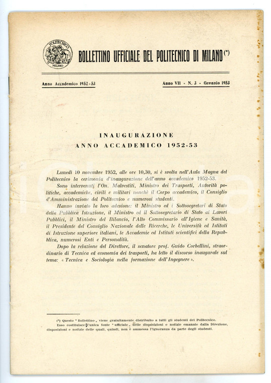 1952 POLITECNICO DI MILANO Inaugurazione anno accademico - Bollettino 32 pp.