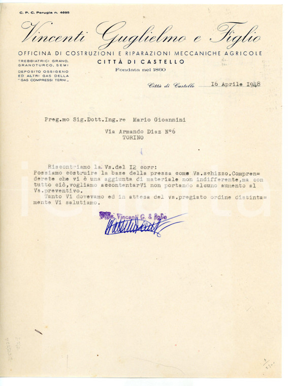 1948 CITTÀ DI CASTELLO Guglielmo VINCENTI - Costruzioni *Lettera intestata