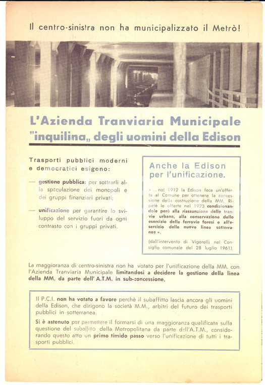 1962 MILANO Propaganda PCI - ATM inquilina della EDISON per la metropolitana