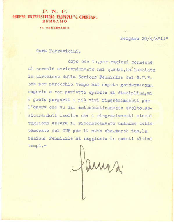 1939 BERGAMO GUF "G. Oberdan" Lettera segretario Gustavo CARNAZZI - AUTOGRAFO