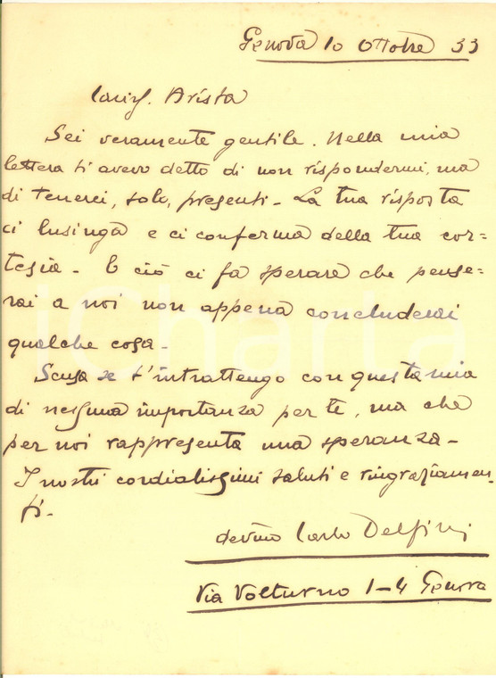 1933 GENOVA Lettera attore Carlo DELFINI al gerente Aristide ARISTA - AUTOGRAFO