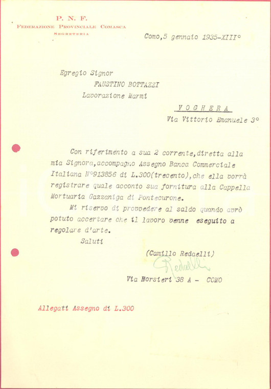 1935 PNF COMO Lettera segretario Camillo REDAELLI per ringraziamento - AUTOGRAFO