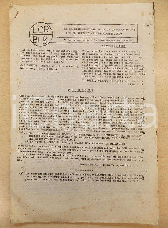 1983 LOR BI 8 “Per la rigenerazione della IV Internazionale" - Documento 24 pp.