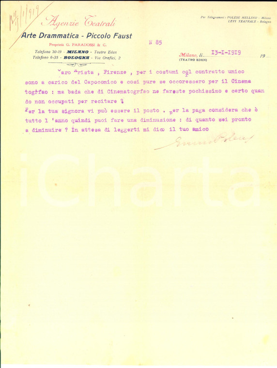 1919 MILANO Lettera Enrico POLESE per contratto a nuova compagnia *Autografo