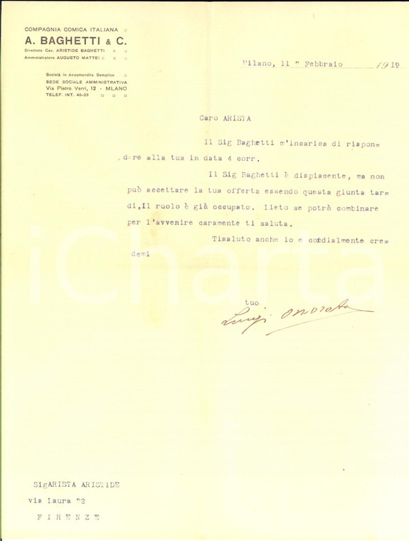1919 MILANO Compagnia Comica BAGHETTI - Lettera Luigi ONORATO *Autografo