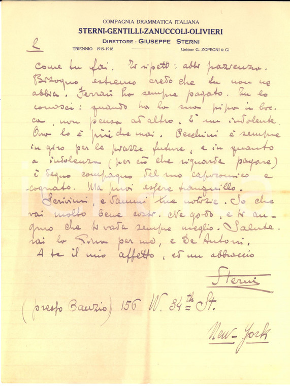1914 NEW YORK Lettera Giuseppe STERNI sui problemi di Vincenzo FERRAU' Autografo