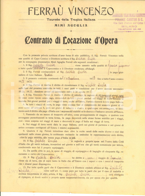 1913 MILANO Contratto attore Aristide ARISTA - Compagnia AGUGLIA-FERRAU'