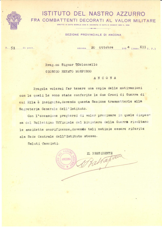 1934 ANCONA Istituto Nastro Azzurro - Lettera presidente per Croci di Guerra