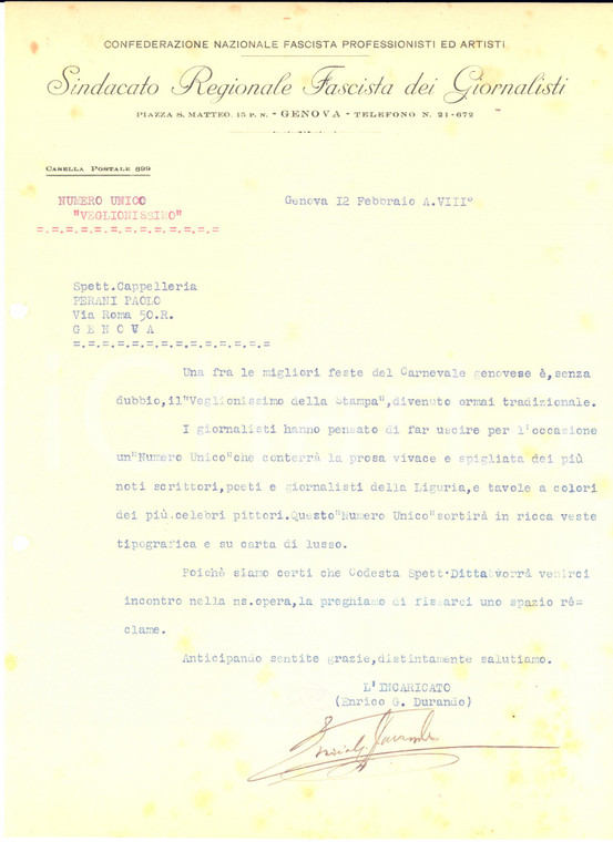 1930 GENOVA Sindacato Fascista Giornalisti - Lettera Enrico DURANDO per veglione