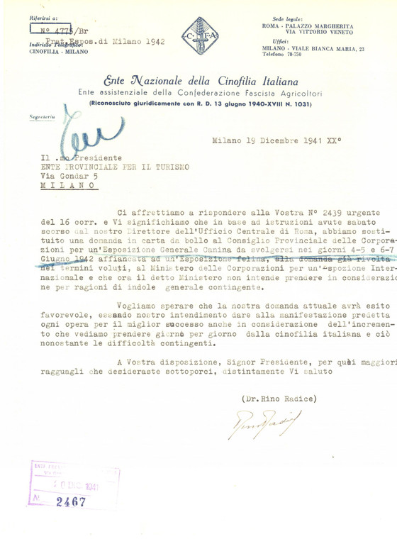 1941 MILANO Ente Nazionale Cinofilia - Lettera Rino RADICE per esposizione canina