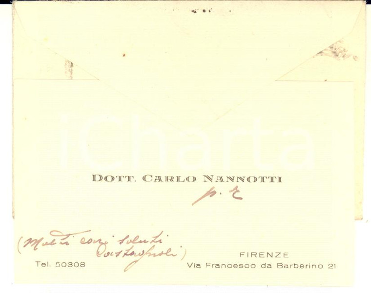 1939 FIRENZE Dott. Carlo NANNOTTI - Biglietto da visita con sigla autografa