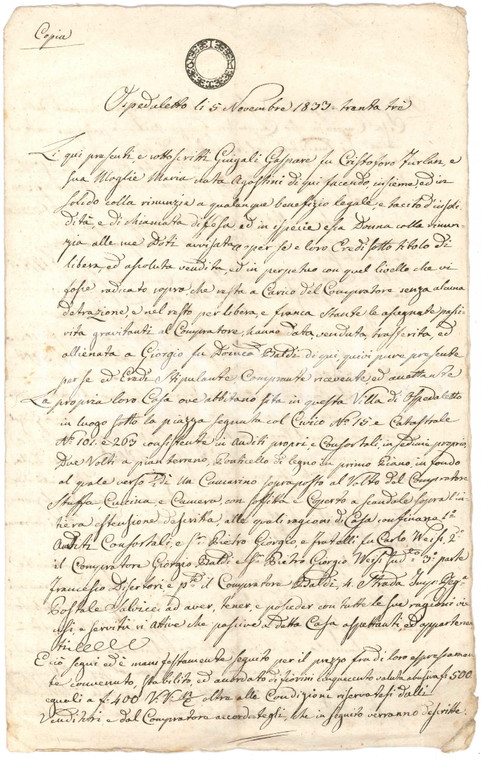 1833 OSPEDALETTO (TN) Gaspare e Maria FURLAN vendono casa a Giorgio BALDI