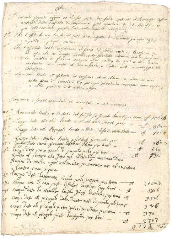 1820 MASSIMENO (TN) Atto d'incanto fondi del beneficio COZZINI - Manoscritto