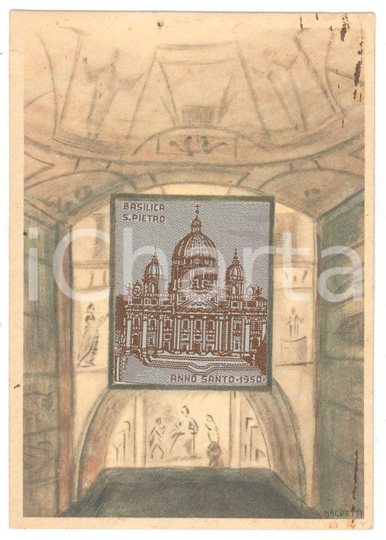 1950 ROMA - GIUBILEO Basilica di San Pietro - Cartolina con inserto in tessuto