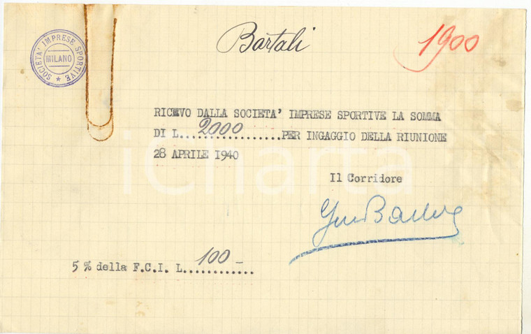 1940 CICLISMO Milano Vigorelli - Ricevuta Gino BARTALI per corsa - AUTOGRAFO