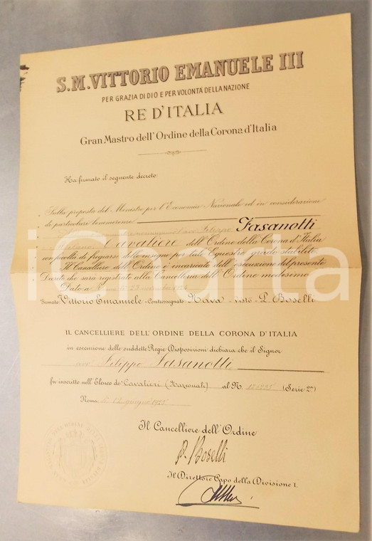 1925 ROMA Filippo FASANOTTI Ordine CORONA D'ITALIA - Autografo Paolo BOSELLI