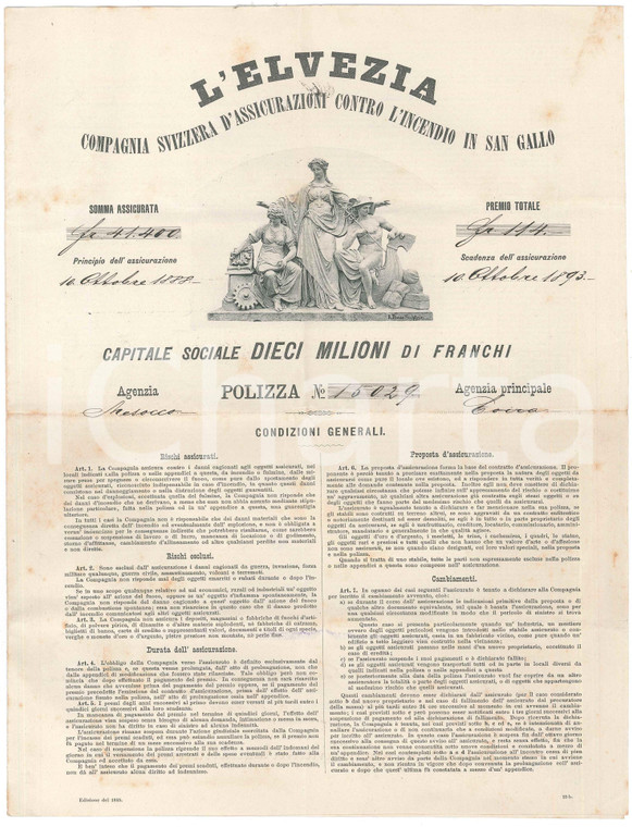 1888 SAN BERNARDINO (SVIZZERA) Assicurazioni L'ELVEZIA - Polizza CARAMORA